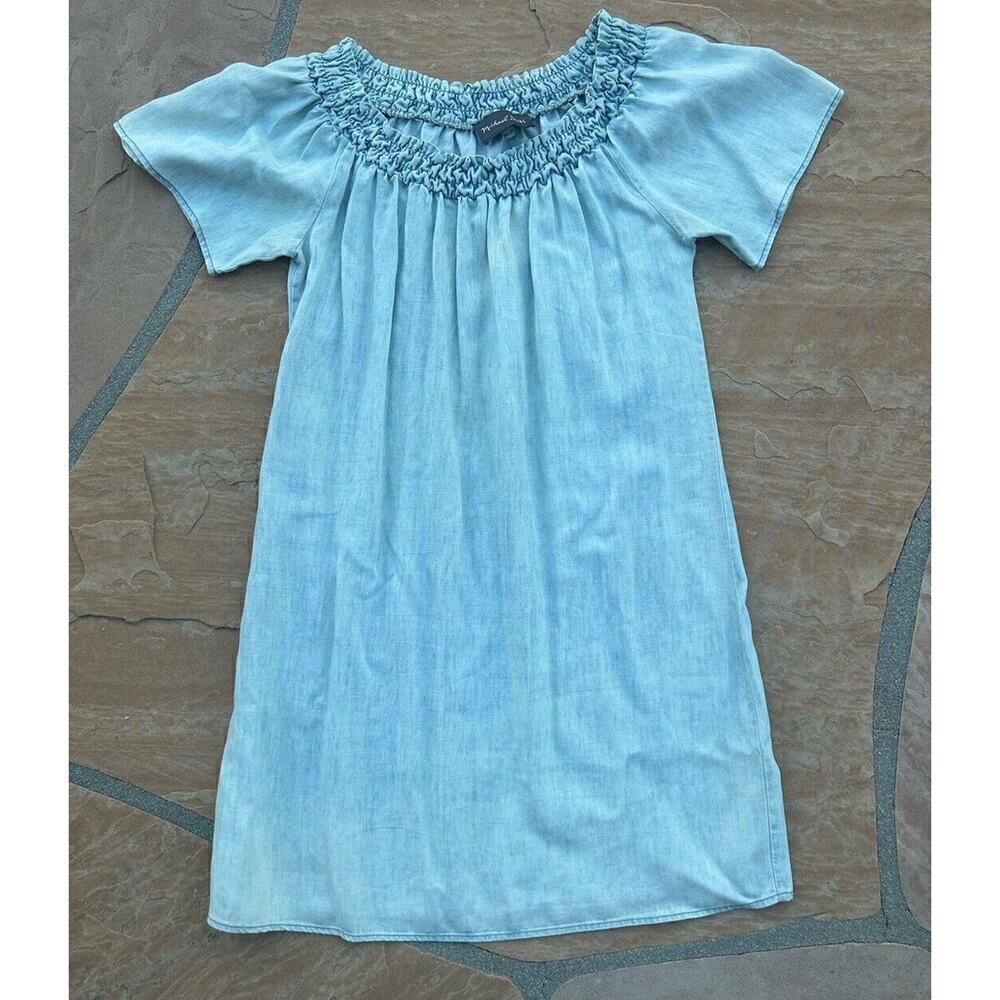 Michael Stars Sz S Blue Chambray Denim Tencil Linen Tunic Dress Off Shoulder LS